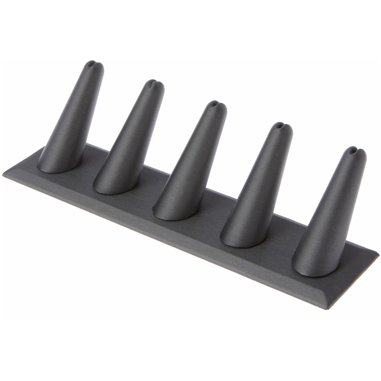 Plymor Gray Faux Leather Ring Finger Display, Five on Rectangular Base, 8" W x 2.125" D x 2.5" H